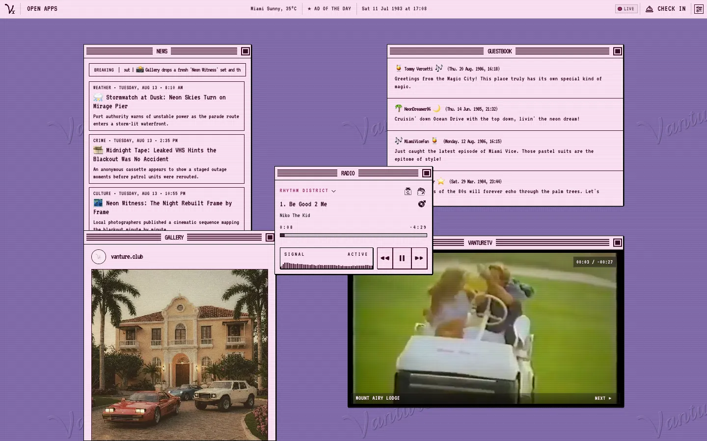 The Vanture Club desktop: news, guestbook, radio player and VantureTV windows on a purple backdrop.