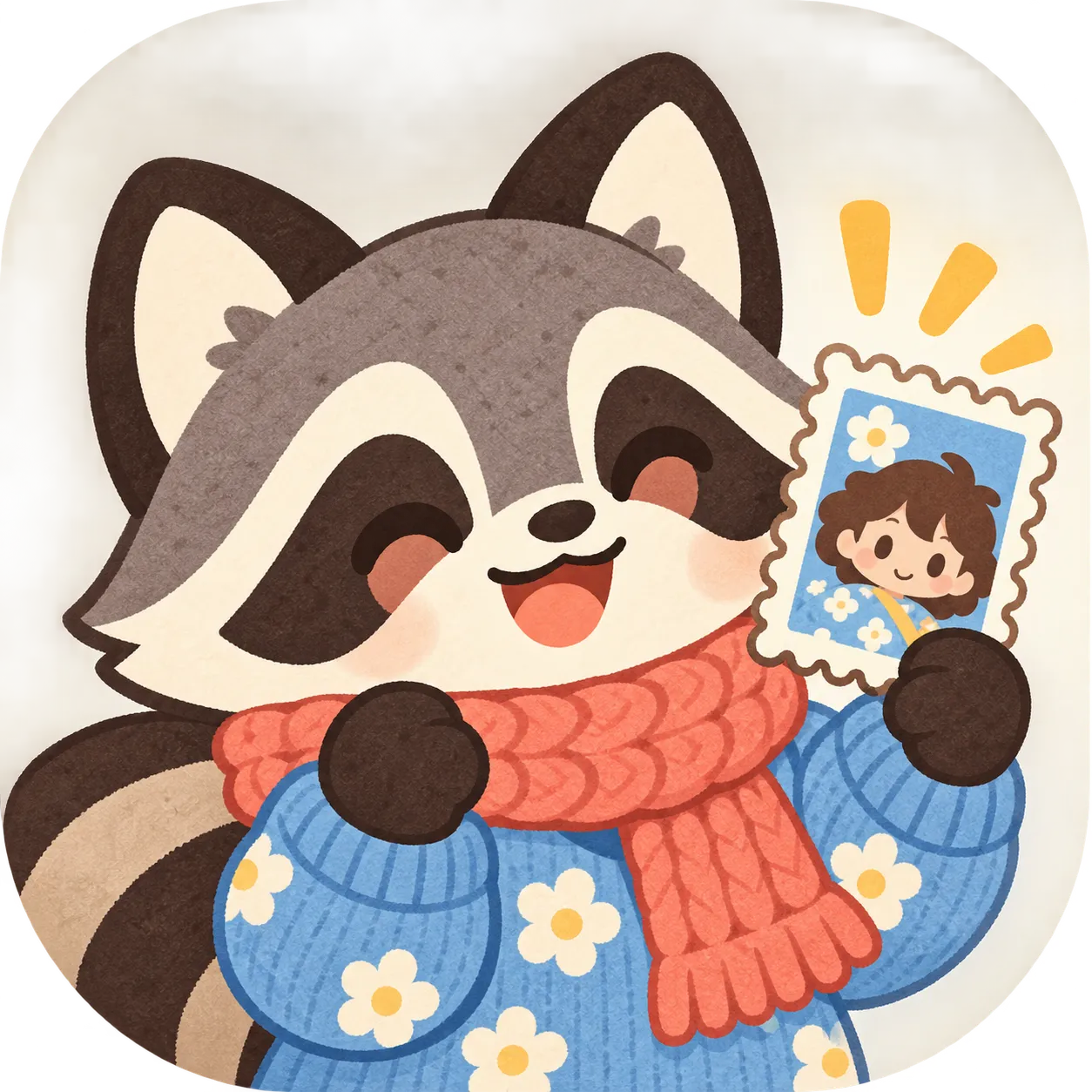 The planned Walkaby app icon: a cheerful raccoon in a scarf holding up a stamp.